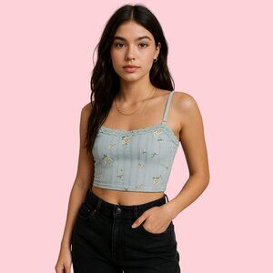 Aerie Floral Lace Trim Crop Top with Built-In Bra – Size M
